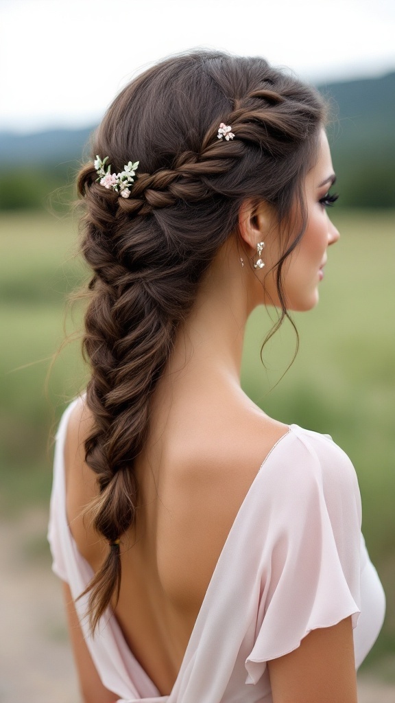 A brunette bridesmaid hairstyle featuring a twisted side braid adorned with floral accents.