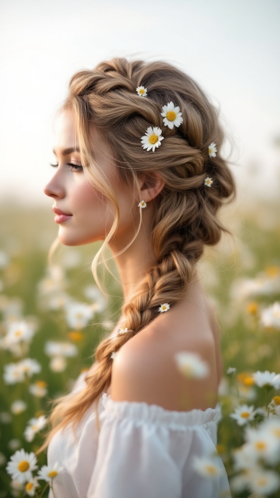 A young girl with a twisted side braid adorned with daisies, surrounded by a field of flowers.