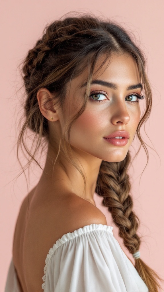 A woman with medium hair styled in a twisted side braid, showcasing a casual and chic hairstyle.