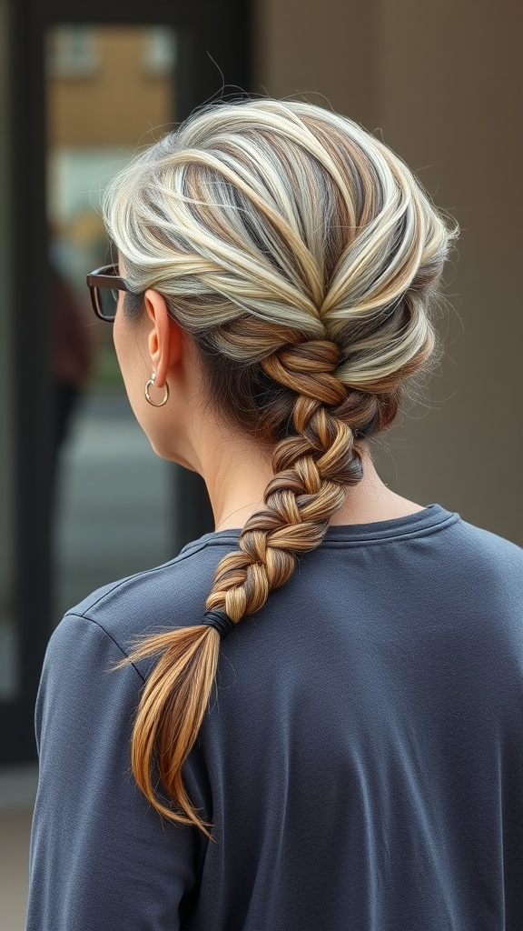 A casual twisted side braid hairstyle for women over 70, showcasing a blend of colors and a relaxed look.