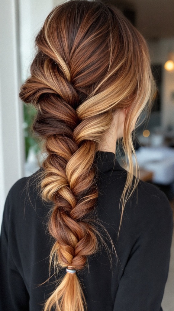 A woman with a twisted side braid featuring ombre hair colors.