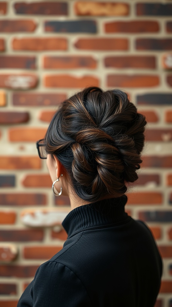 A woman with a twisted side bun hairstyle, showcasing an elegant and textured look, standing against a brick wall.