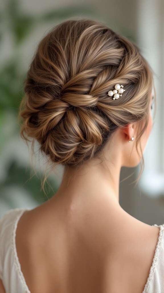 A beautiful twisted side chignon hairstyle suitable for medium hair, featuring soft waves and a decorative hairpiece.