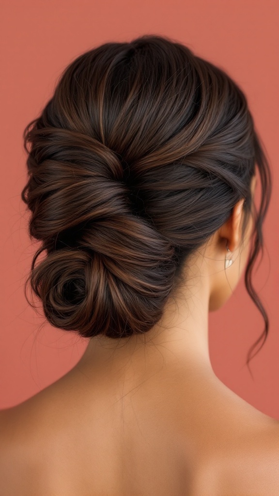 A close-up of a twisted side updo hairstyle for bridesmaids with black hair.
