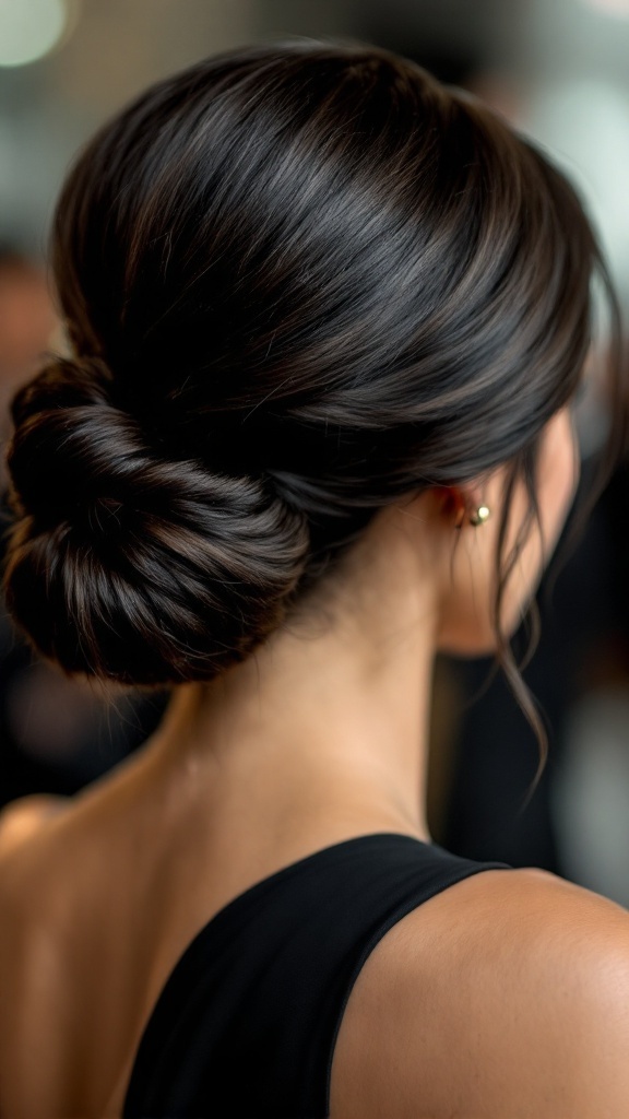 A stylish twisted sleek bun hairstyle, showcasing smooth, dark hair elegantly arranged.