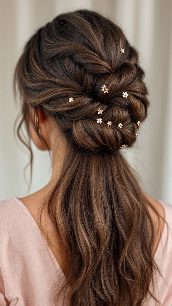 A twisted updo hairstyle showcasing thick hair with floral decorations.