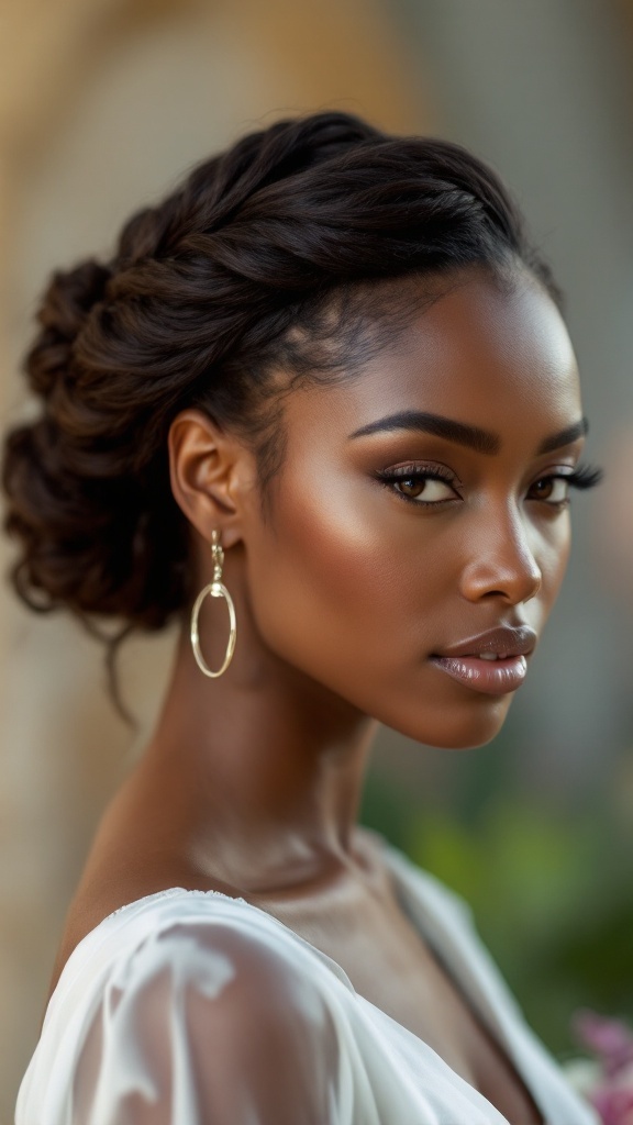A woman with a chic twisted updo hairstyle, wearing elegant earrings, showcasing a confident look.