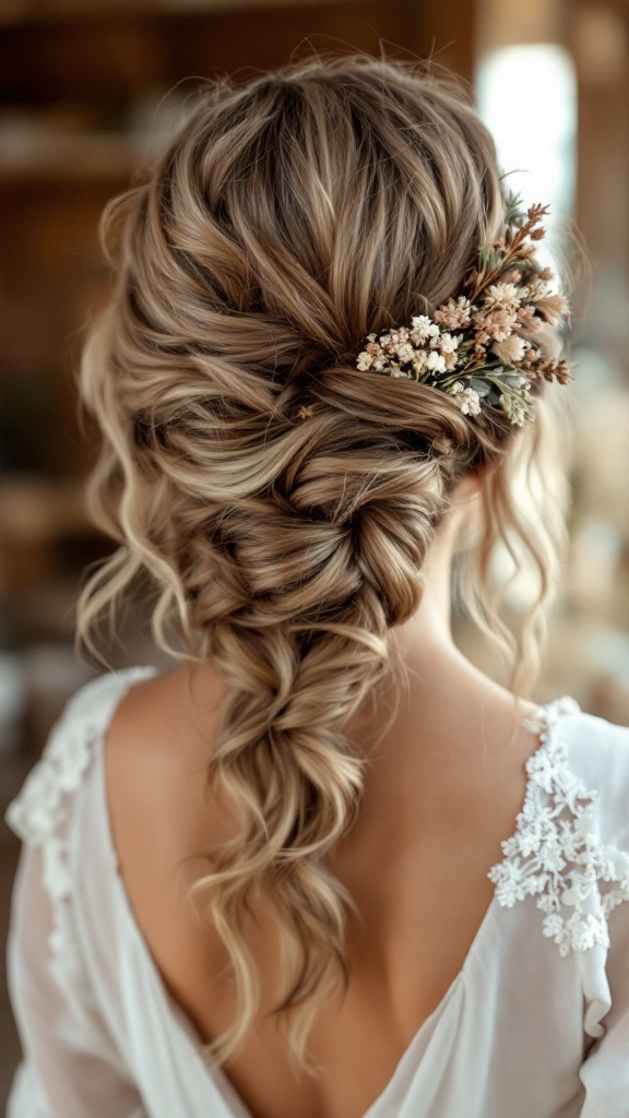 A close-up of a twisted updo hairstyle adorned with dried flowers, showcasing soft textures and a bohemian style.