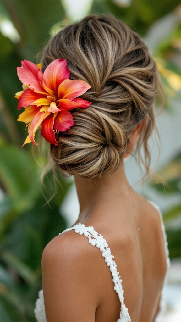 A twisted updo hairstyle adorned with exotic flowers, ideal for bridesmaids.