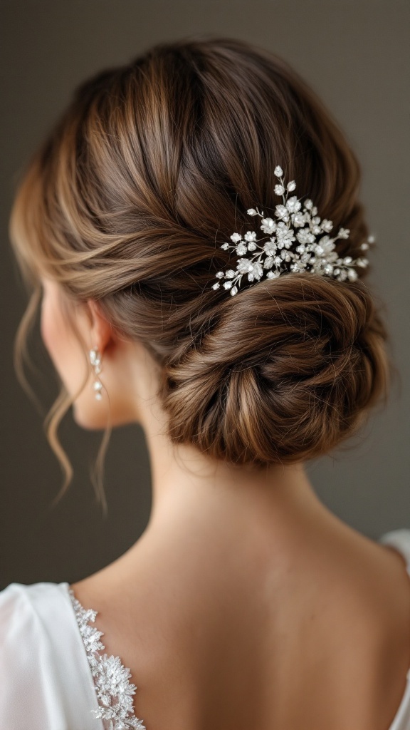 A twisted updo hairstyle for bridesmaids showcasing delicate hair accessories.
