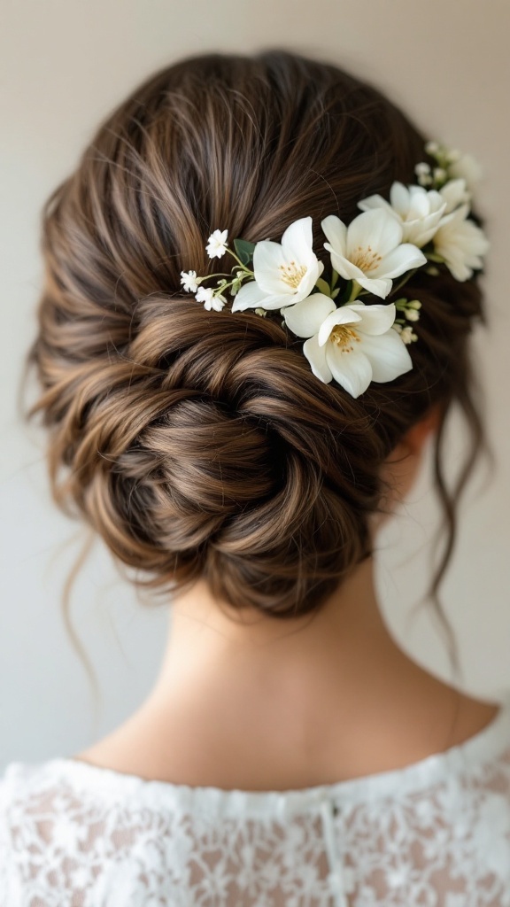 A twisted updo hairstyle adorned with white stephanotis flowers.