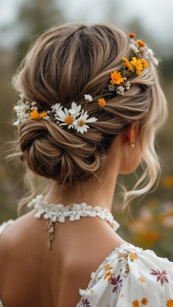 A beautiful twisted updo hairstyle adorned with wildflowers.