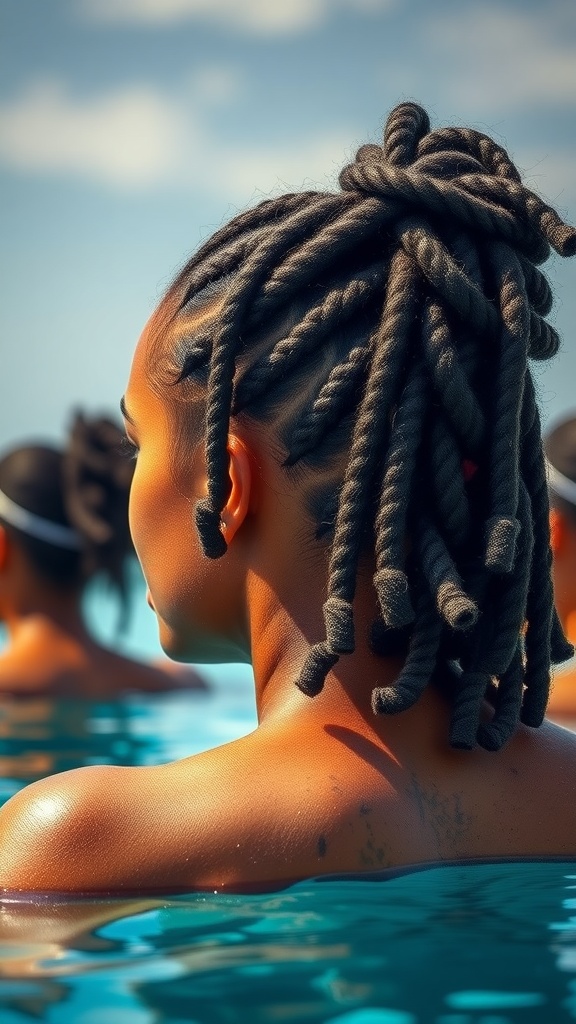 A person with twisted hairstyle swimming in water, showcasing a stylish and practical swimming hairstyle.