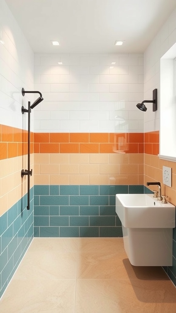 Bathroom with two-tone tile design in orange, peach, and teal