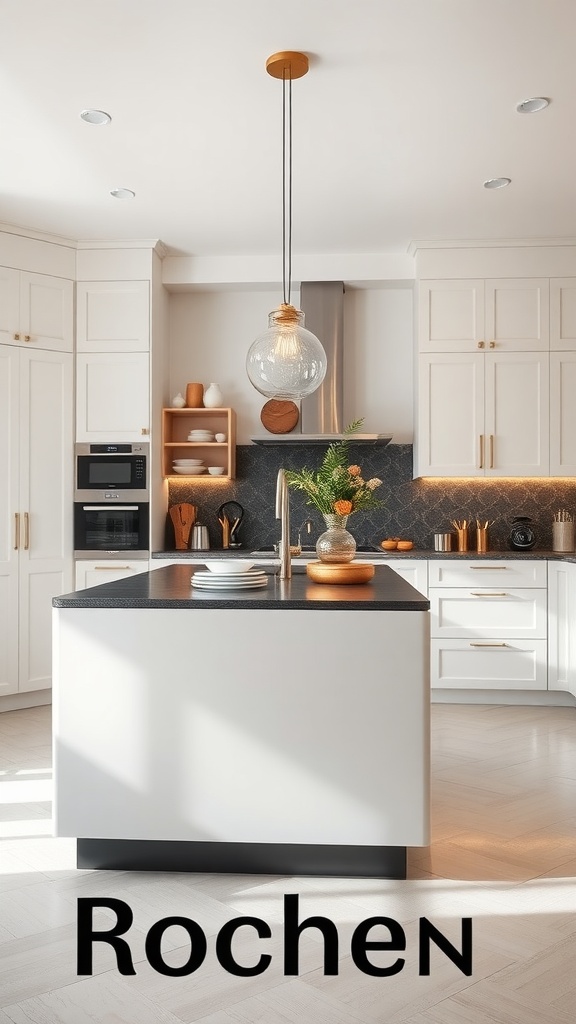 Modern kitchen with a two-tone island design featuring a white base and black countertop.