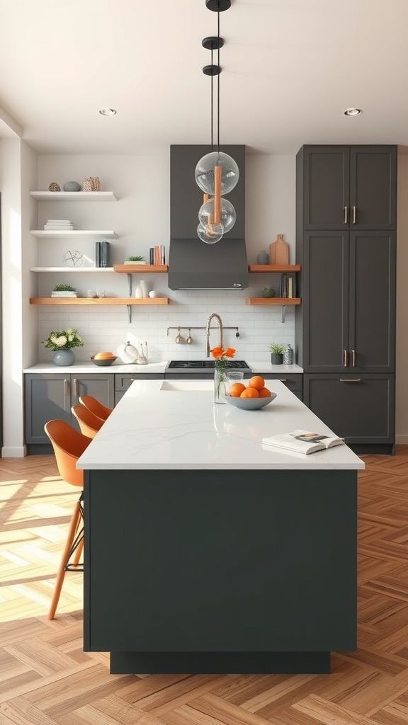 A modern kitchen featuring a two-tone kitchen island with a dark base and white countertop, complemented by orange chairs and wooden shelves.