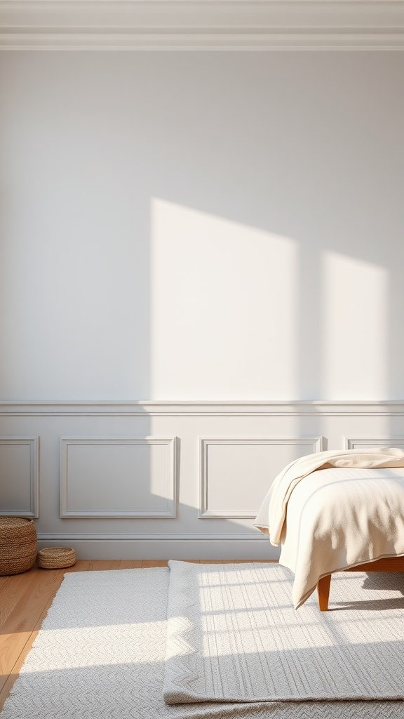 A bright bedroom showcasing two-tone wainscoting with light gray panels and pale walls, featuring a cozy bed and natural light.