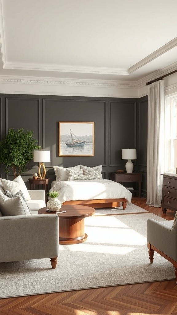 A living room featuring two-tone wainscoting with dark lower walls and light upper walls, complemented by stylish furniture.