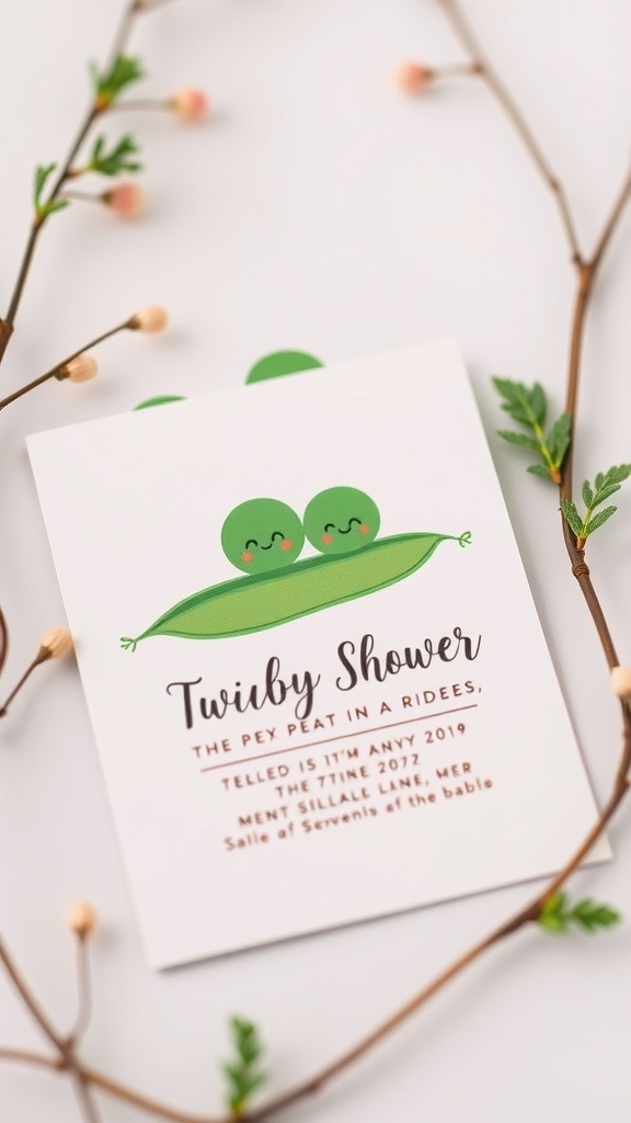 A cute 'Two Peas in a Pod' baby shower invitation featuring two smiling peas, surrounded by green leaves and flowers.
