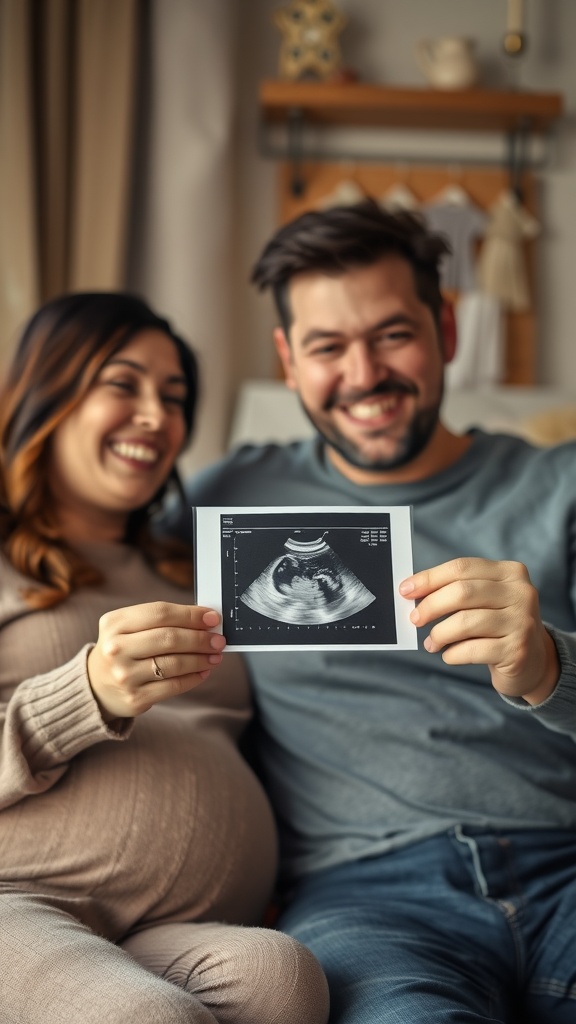A couple happily holding an ultrasound photo while sitting together
