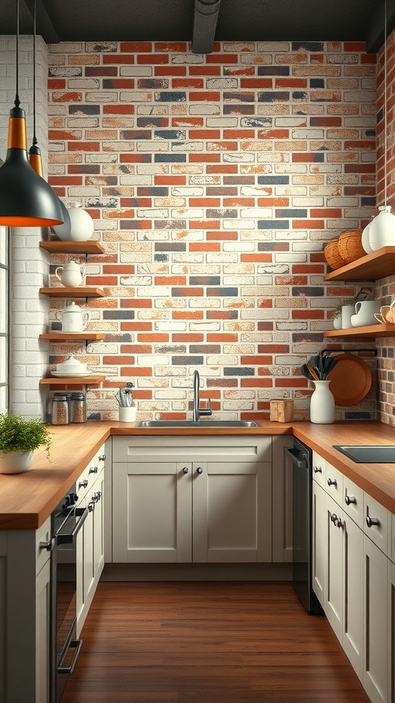 A kitchen with a unique brick wall backsplash featuring red and white bricks, natural wood countertops, and open shelves displaying kitchenware.