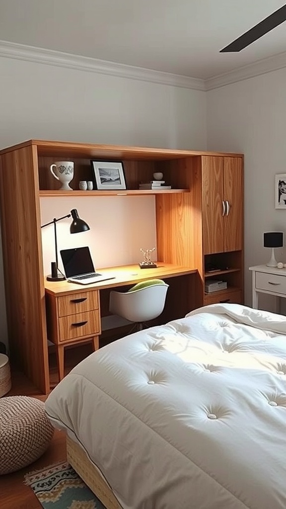 A compact wooden desk with shelves in a small bedroom, featuring a laptop and lamp.
