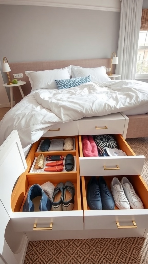 Under-bed drawers filled with shoes and clothing, showcasing organized storage in a bedroom.