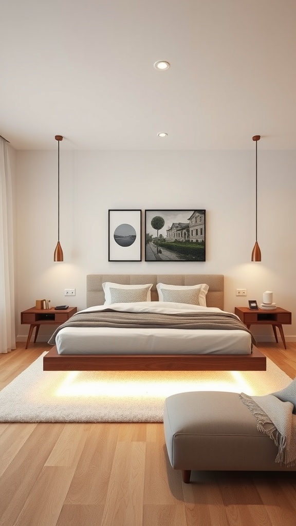 A modern bedroom featuring under-bed lighting that creates a floating effect.