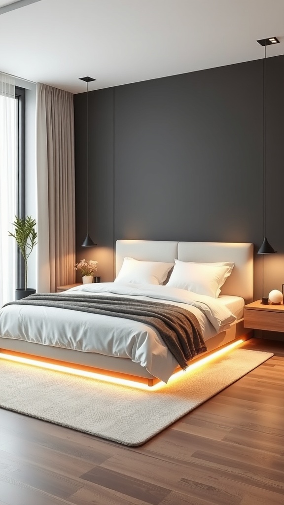 A modern bedroom featuring under-bed lighting that creates a floating effect, with a dark wall, light bedding, and wooden flooring.