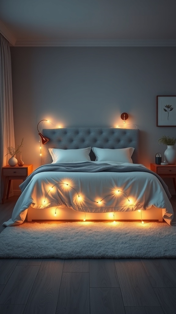 A bedroom with fairy lights under the bed creating a magical glow.