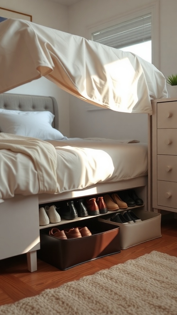 A cozy bedroom with a bed and organized shoe storage under the bed.