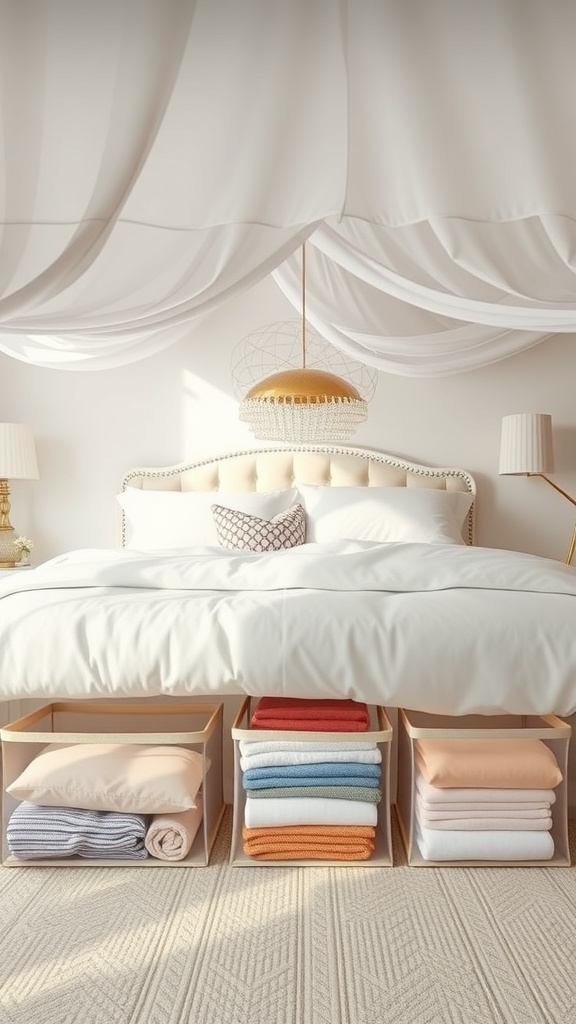 A cozy bedroom with a neatly made bed and organized under-bed storage bags, showcasing clear windows for easy visibility.