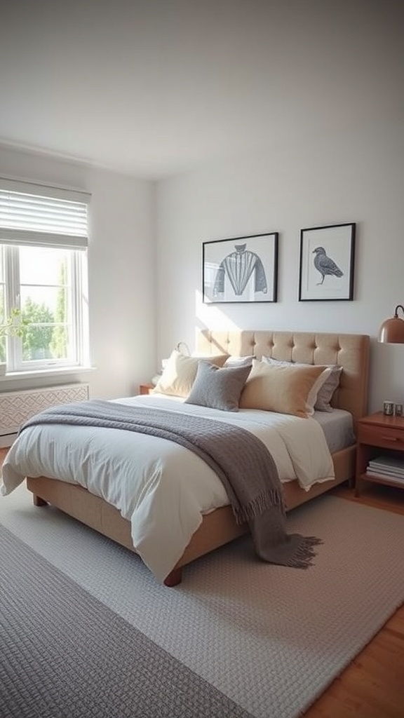 A cozy bedroom with a neatly made bed, featuring a light color scheme and decorative pillows.