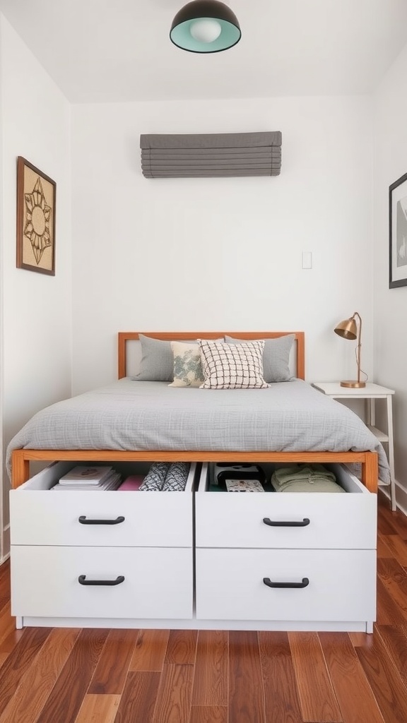 Small square bedroom layout featuring a bed with under-bed storage drawers