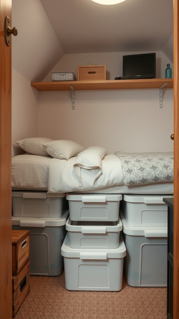 A cozy bedroom with under-bed storage bins organized neatly.