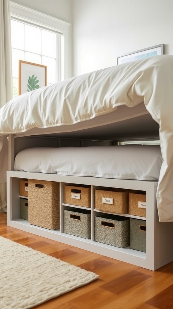 Under-bed storage with neatly organized boxes in a bedroom