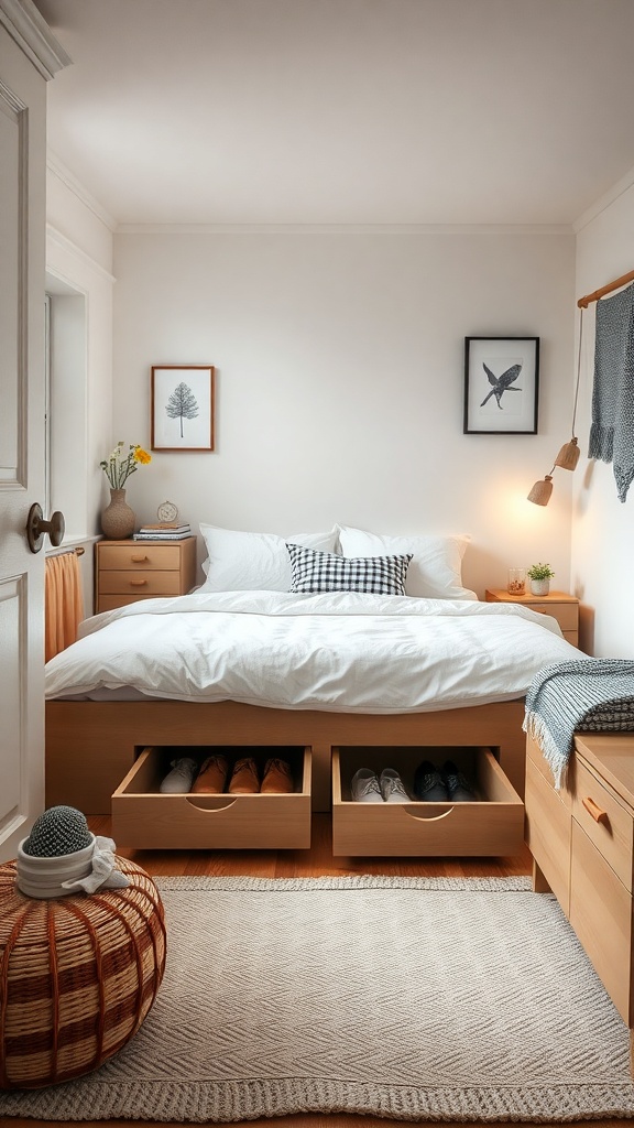 A cozy bedroom featuring a bed with built-in under-bed storage drawers, showcasing neatly organized shoes.