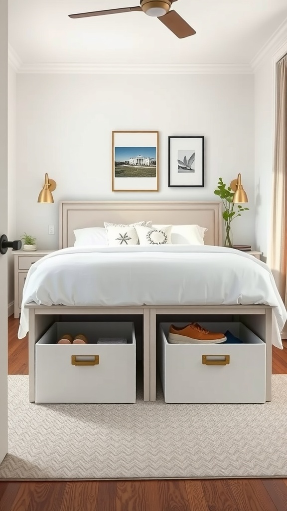A cozy bedroom featuring a bed with built-in under-bed storage drawers.