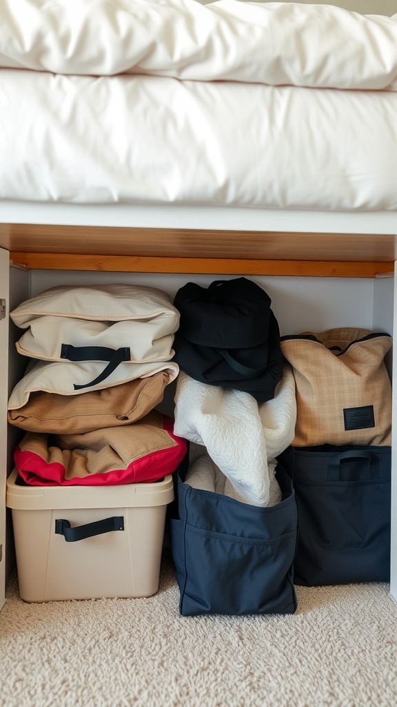 Organized under-bed storage with bags and a bin filled with various items