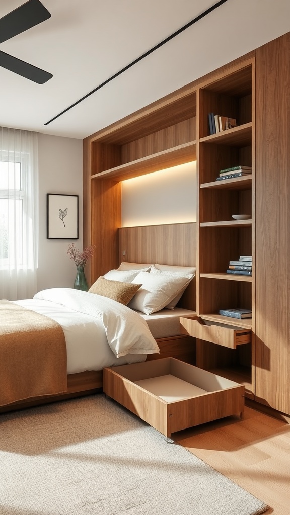 A modern bedroom featuring a bed with under-bed storage and wooden shelving.