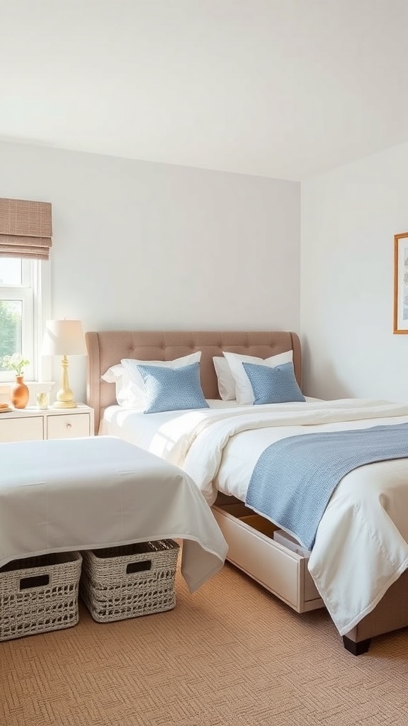 Cozy shared bedroom with twin beds and under-bed storage baskets