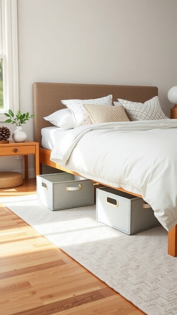 A cozy bedroom featuring a bed with storage bins underneath, showcasing an organized space.