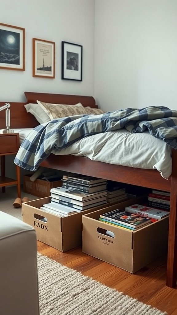 A cozy bedroom with a bed and storage boxes under it, holding books.