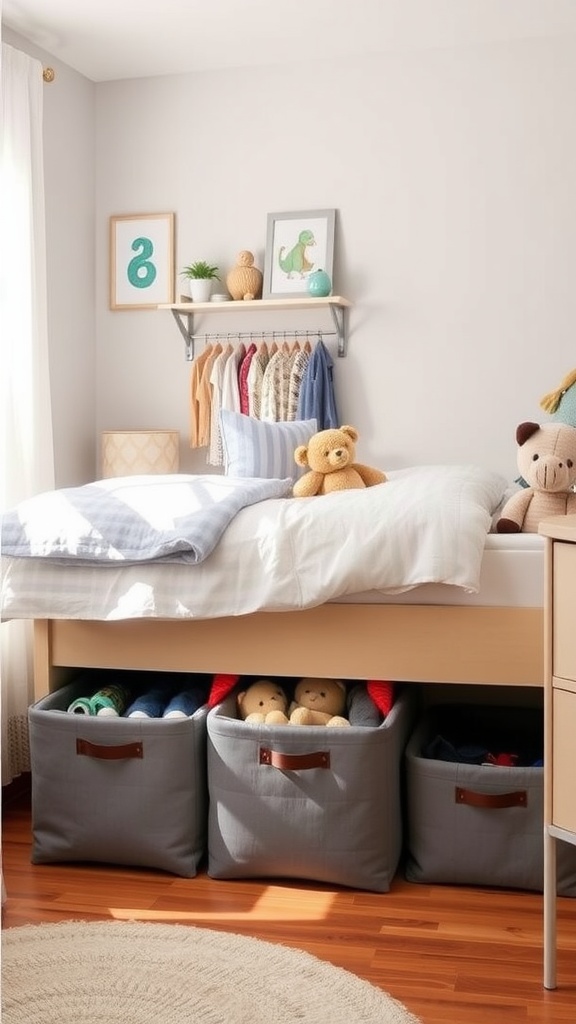 A tidy kids bedroom with under-bed storage bins and colorful decor.
