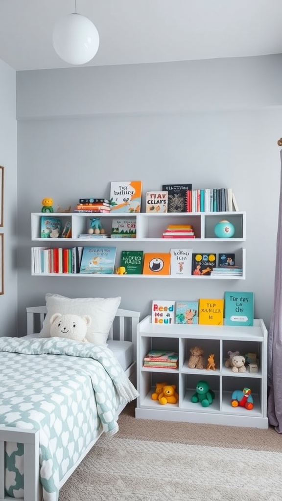 A nursery with a bookshelf and a cozy bed, featuring under-bed storage.