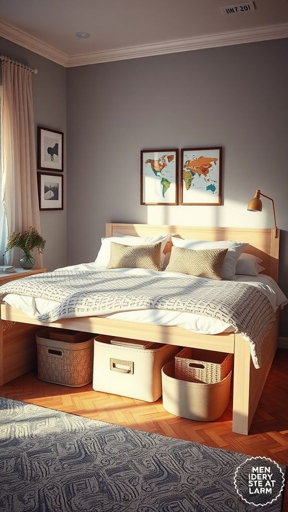 A cozy bedroom with a bed that has under-bed storage baskets, showcasing an organized space.