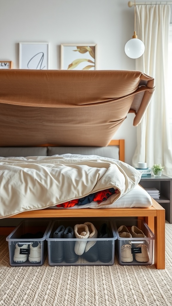 Under-bed storage with clear bins holding shoes and clothing