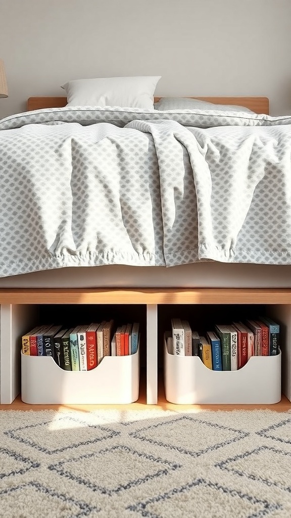 A cozy bed with white bedding and two under-bed storage bins filled with books.