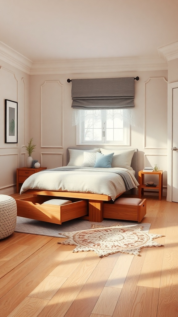 A small square bedroom featuring a bed with built-in drawers for under-bed storage, warm wooden flooring, and a cozy atmosphere.