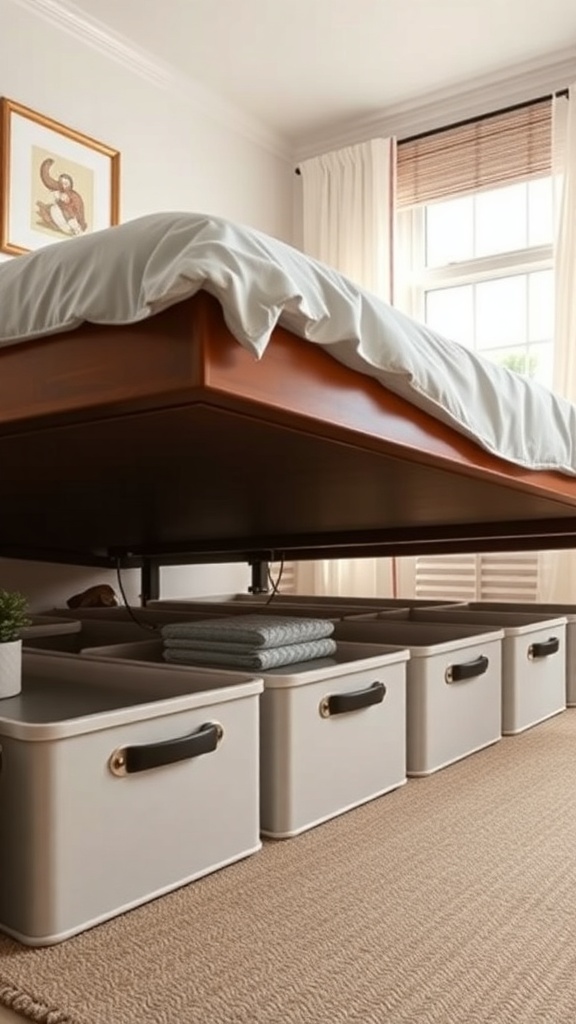 Under-bed storage bins in a small bedroom with a king bed